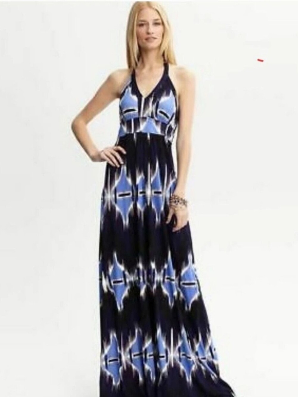 Banana Republic Ikat Halter Maxi Dress Blue Black Petite XS